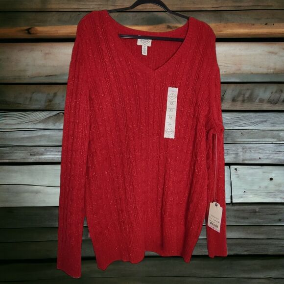 NEW St. John's Bay Ladies Size 2X Sweater Rumba Red V-Neck Cable Knit Pullover - Picture 1 of 10